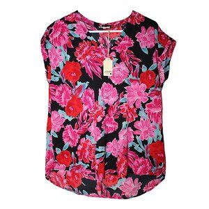 JODIFL Los Angeles Boutique Blouse Women's S V-Neck Pink Floral Oversized Tunic